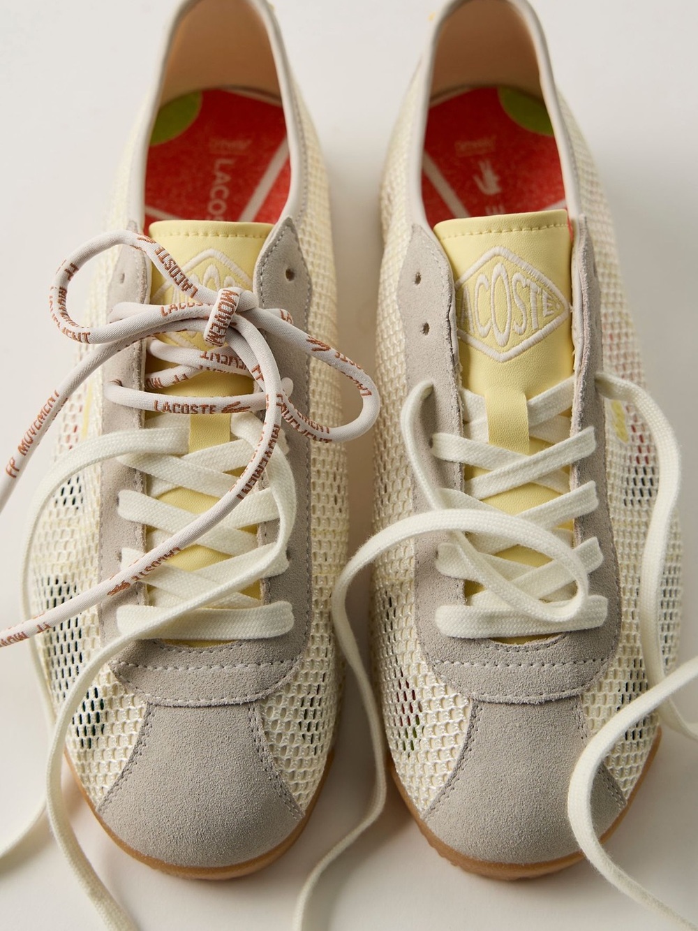 NWT FP Movement Lacoste Women’s Cream & Yellow Mesh Suede Club Low Sneakers - Picture 1 of 16